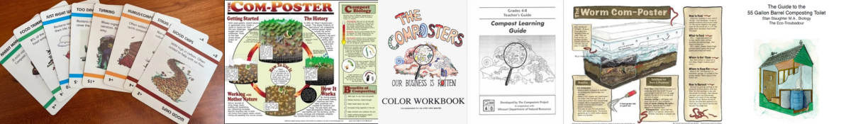 Diverse range of composting educational materials including card games, posters, and guidebooks from Compost Man Stan.